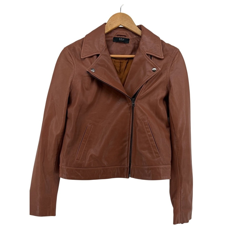 ABLE Classic Womens Cognac Brown 100% Lamb Leather Moto Biker Jacket Medium